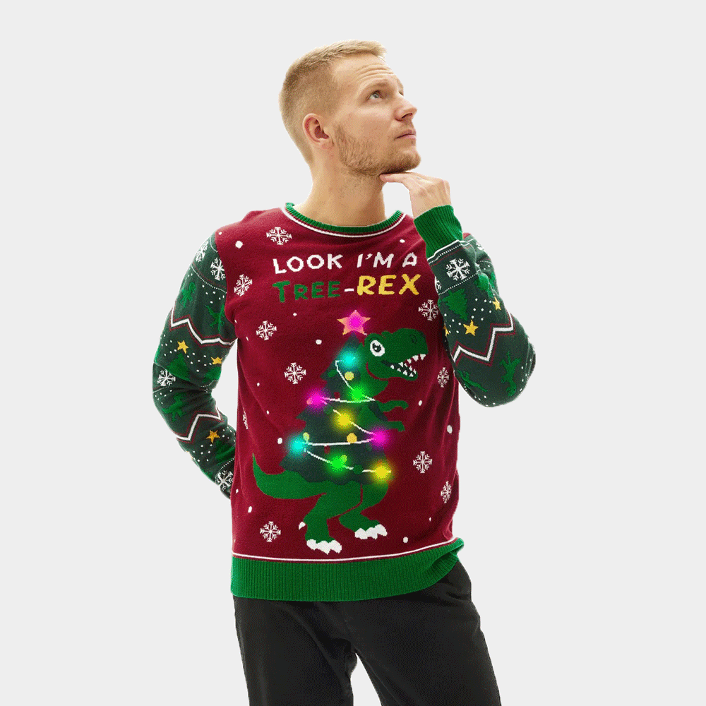 mężczyzna Rodzinny Sweter Świąteczny z Lampkami LED Christmas Tree-Rex