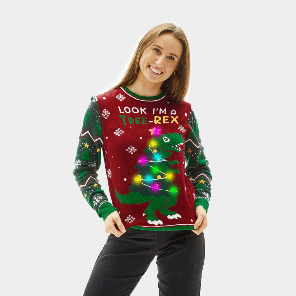 Rodzinny Sweter Świąteczny z Lampkami LED Christmas Tree-Rex kobiet