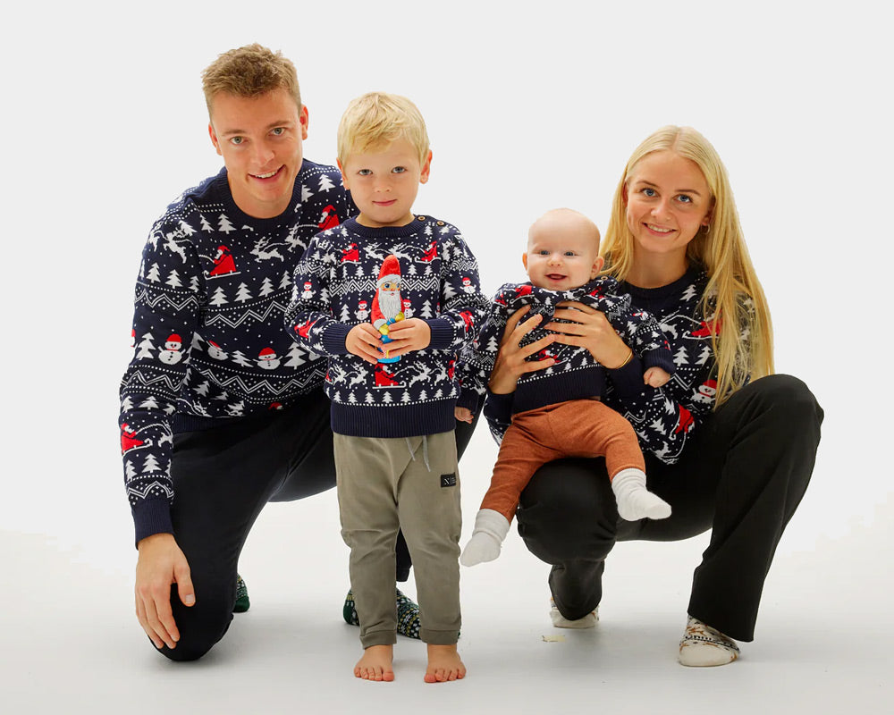 Sweter Świąteczny z Bawełny Organicznej z Choinkami, Bałwankiem i Świętym Mikołajem Rodzinny