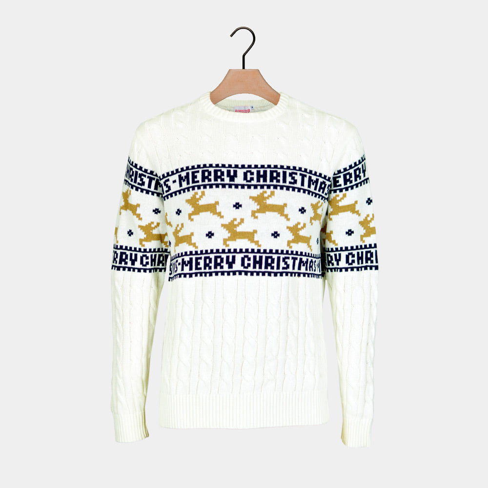 Biały Sweter Świąteczny Bawełny Organicznej Elegancki z Reniferami Meskie