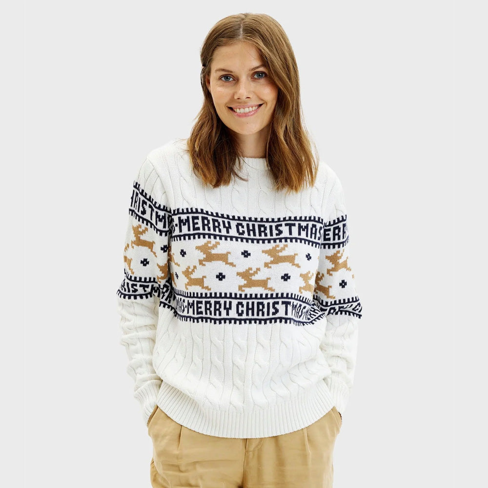 Biały Sweter Świąteczny Damskie Bawełny Organicznej Elegancki Reniferami