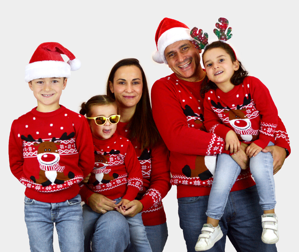 Czerwony Rodzinny Sweter Świąteczny z Reniferem Rudolph z Szalikiem