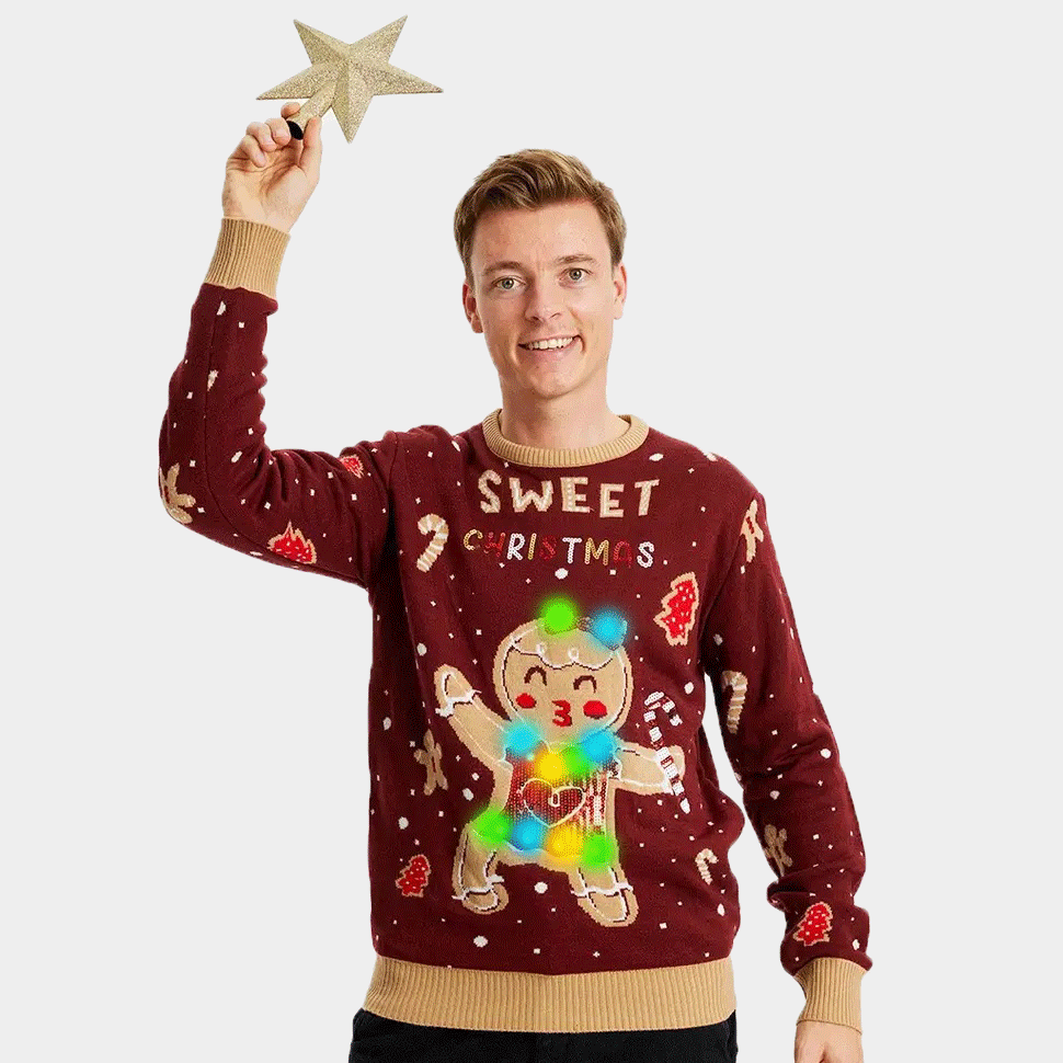 Czerwony Sweter Świąteczny z Lampkami LED Ginger Cookie mężczyzna