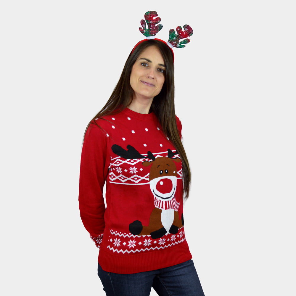 Czerwony Sweter Świąteczny z Reniferem Rudolph z Szalikiem kobiet