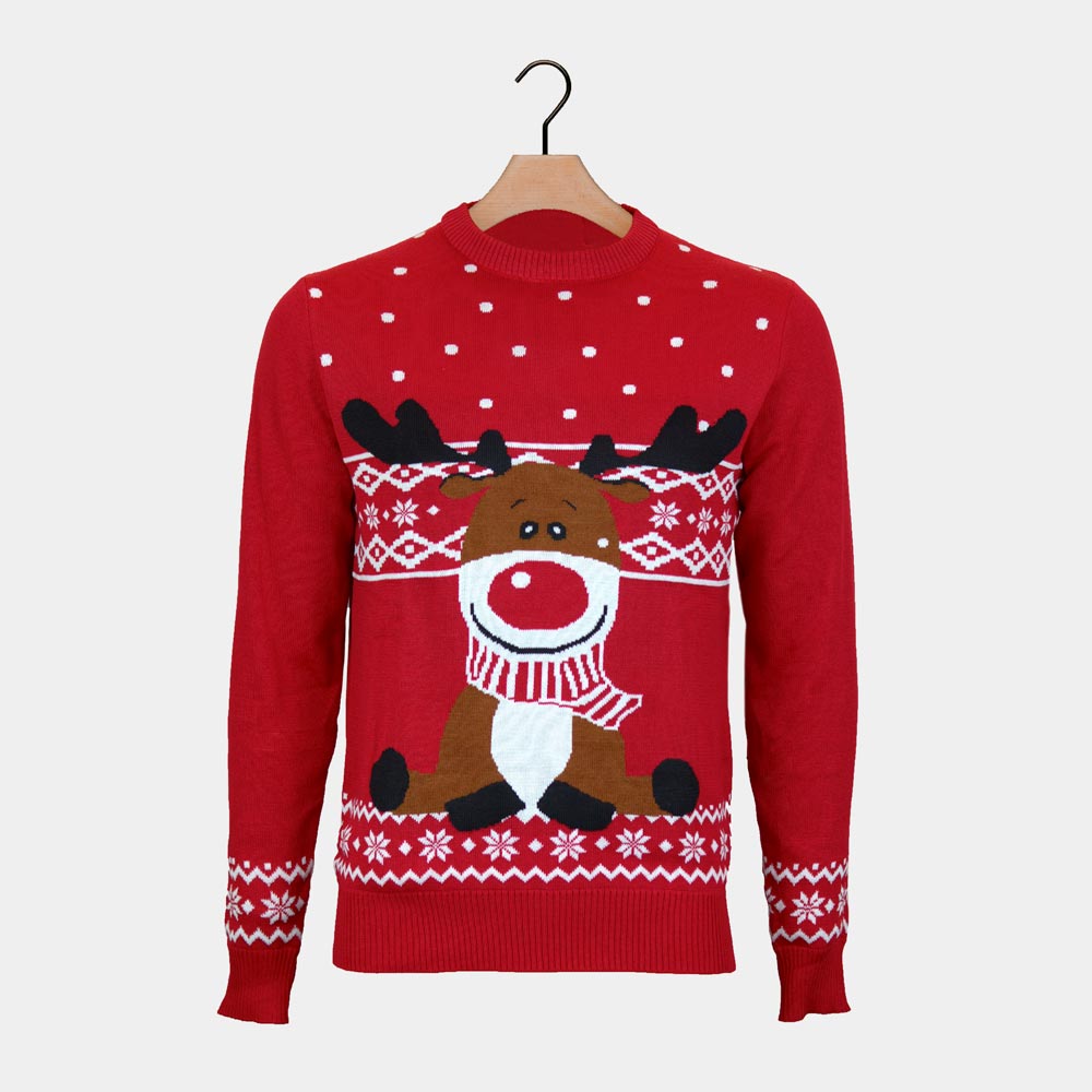 Czerwony Sweter Świąteczny z Reniferem Rudolph z Szalikiem