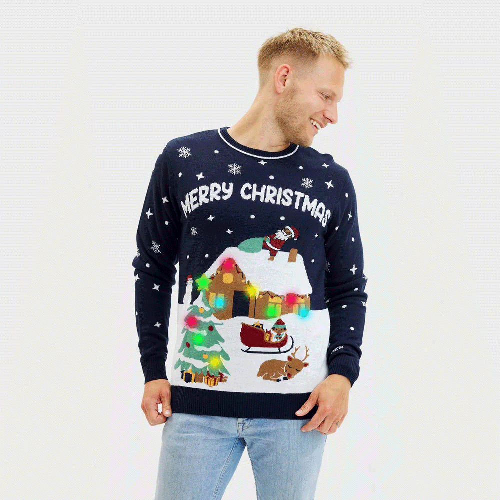 Męskie Niebieski Sweter Świąteczny z Lampkami LED Merry Christmas