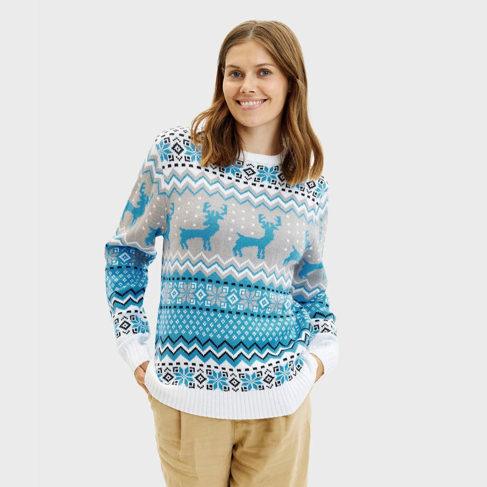 Niebieski Sweter Świąteczny Damskie Elegancki z Reniferami