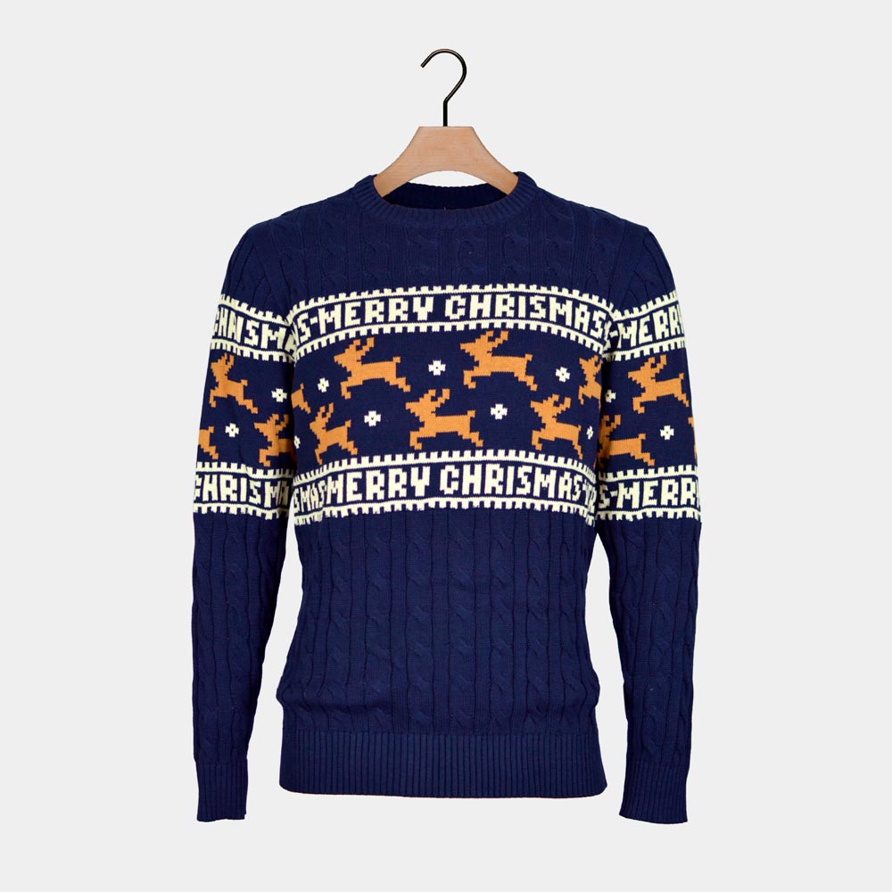 Niebieski Sweter Świąteczny Męskie Bawełny Organicznej Elegancki z Reniferami