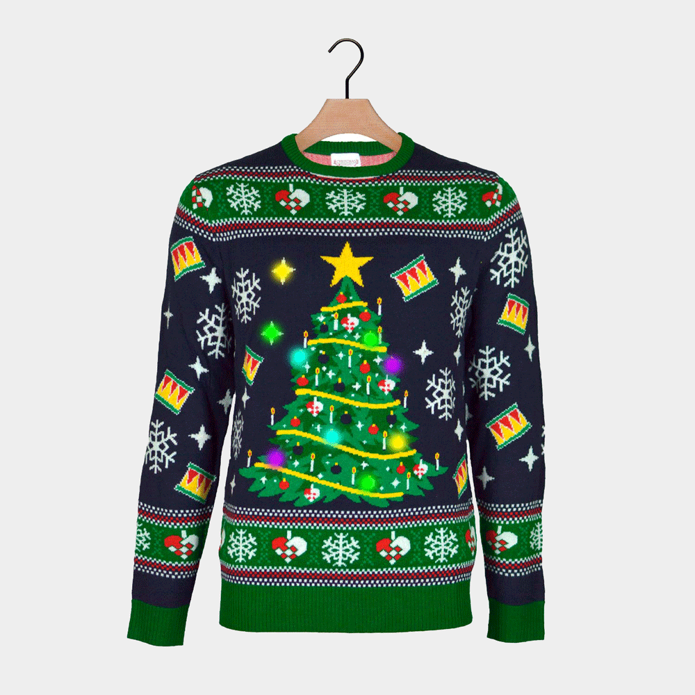 Niebieski Sweter Świąteczny Męskie z Lampkami z Choinką LED