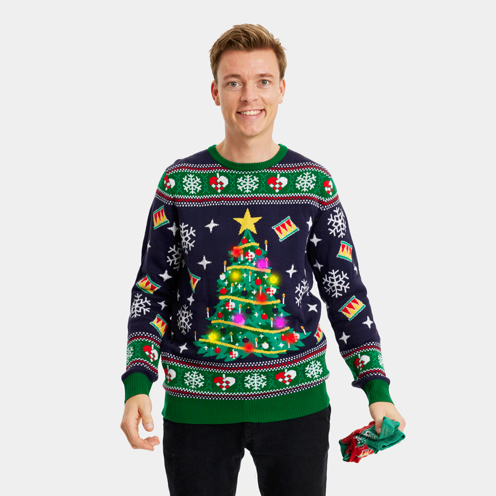 Niebieski Sweter Świąteczny Męskie z Lampkami LED z Choinką