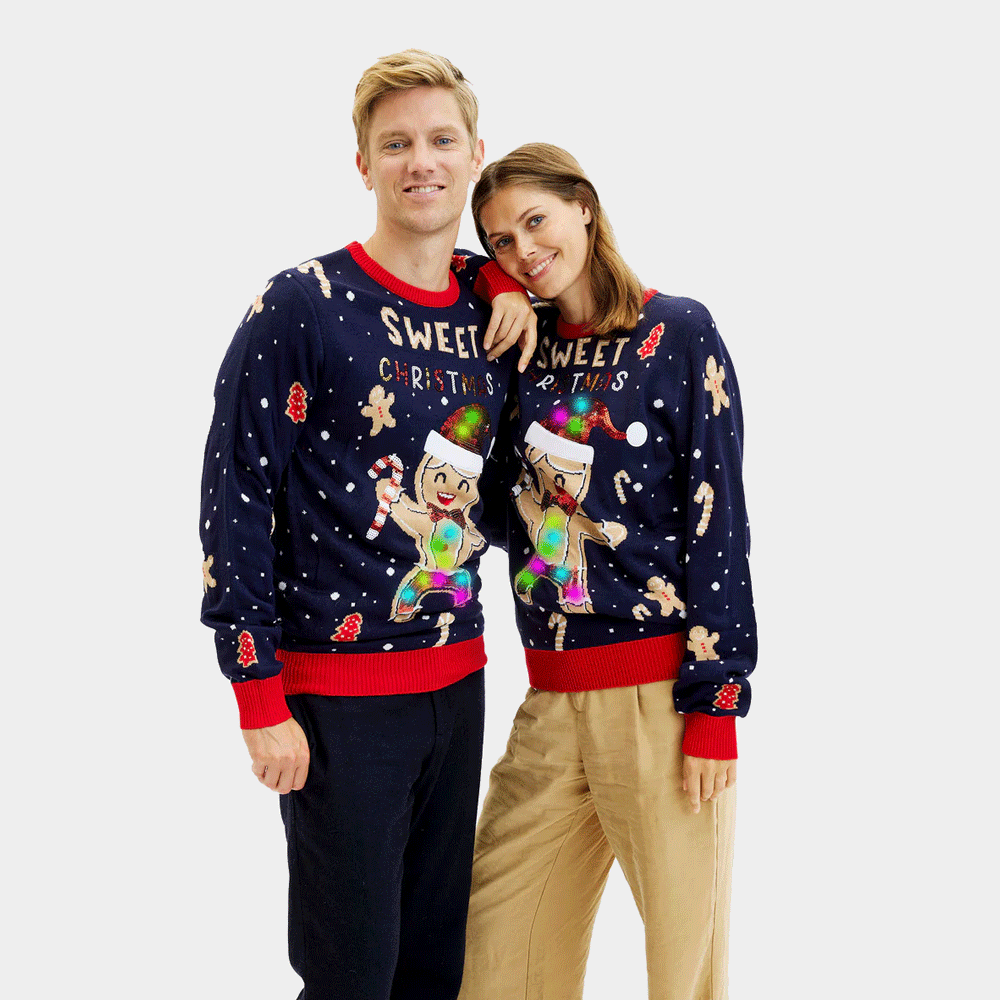 Niebieski Sweter Świąteczny Męskie z Lampkami LED Ginger Cookie Damskie