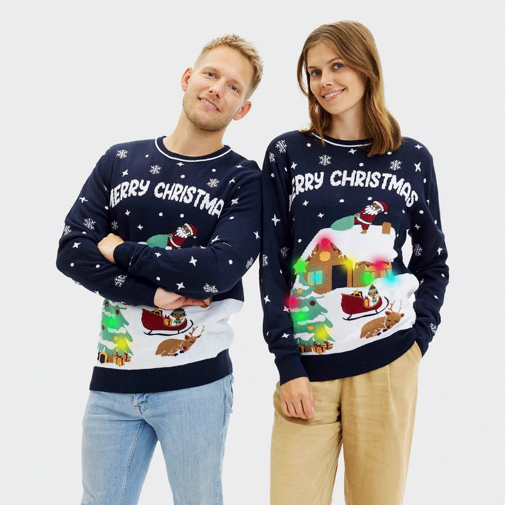 Niebieski Sweter Świąteczny Męskie z Lampkami LED Merry Christmas Damskie