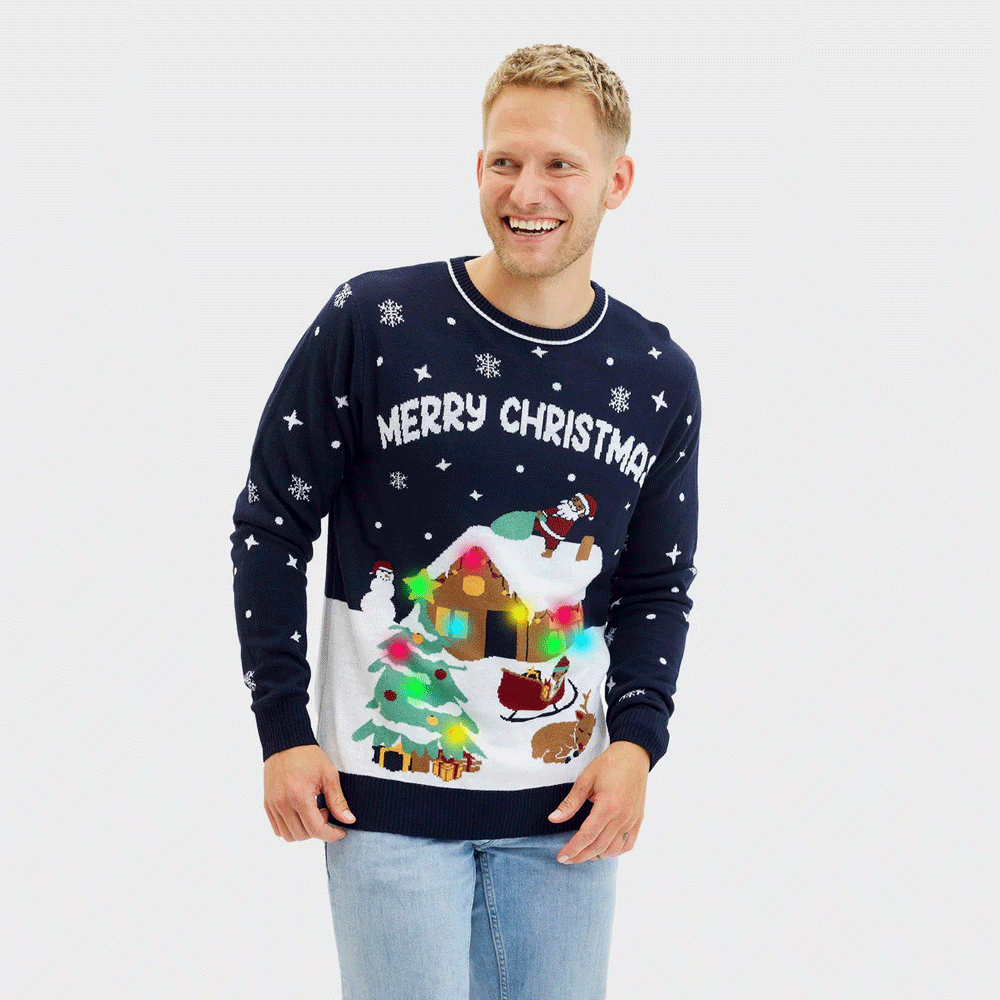 Niebieski Sweter Świąteczny Męskie z Lampkami LED Merry Christmas