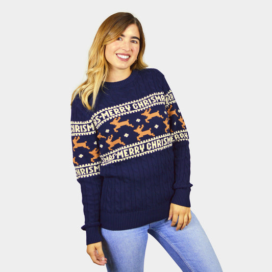 Damskie Niebieski Sweter Świąteczny dla Par Bawełny Organicznej Elegancki z Reniferami