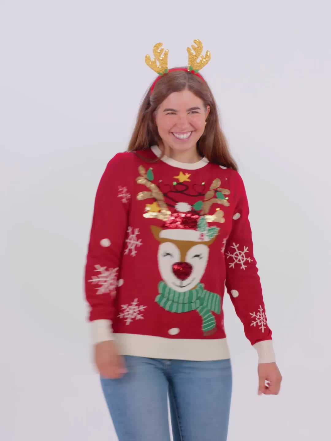 Sweter Świąteczny Damskie Męskie z Lampkami LED Błyszczący Renifer z Cekinami