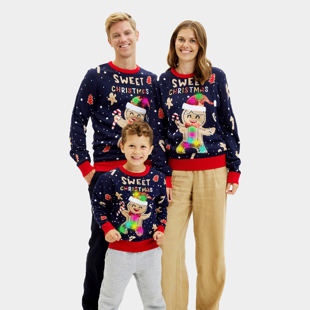 Rodzinny Sweter Świąteczny Niebieski Lampkami LED Ginger Cookie