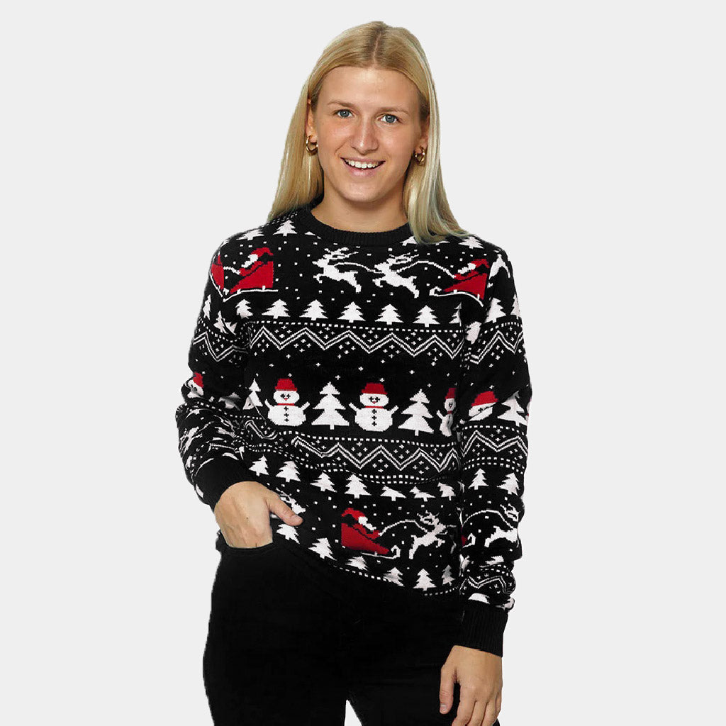 Sweter Świąteczny Damskie Choinkami Bałwankiem Świętym Mikołajem Czarny