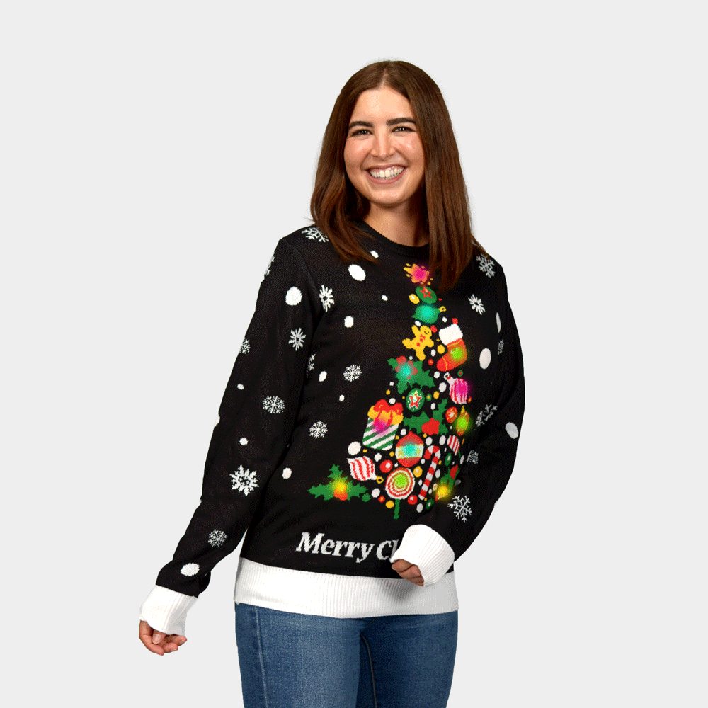 Sweter Świąteczny Damskie Czarny Lampkami LED z Choinka