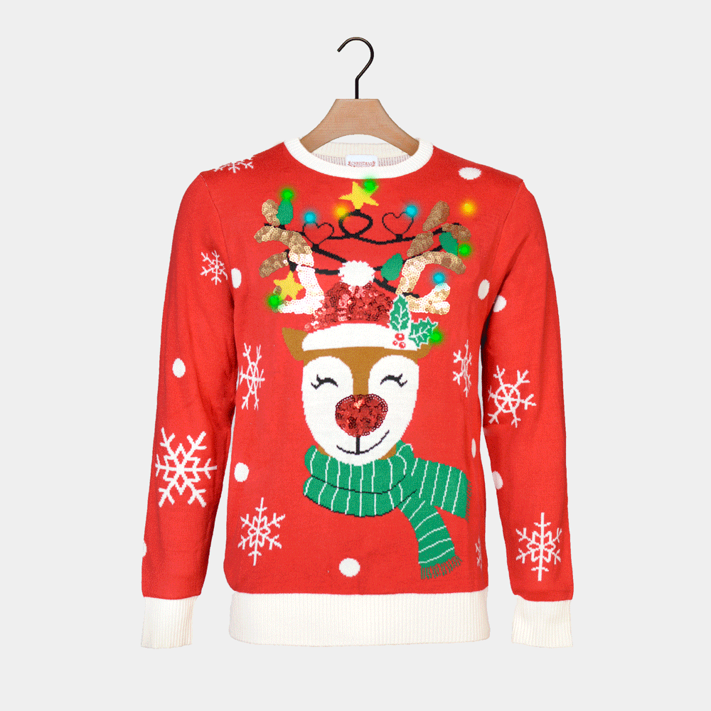Sweter Świąteczny Damskie Z Lampkami LED Błyszczący Renifer  Cekinami