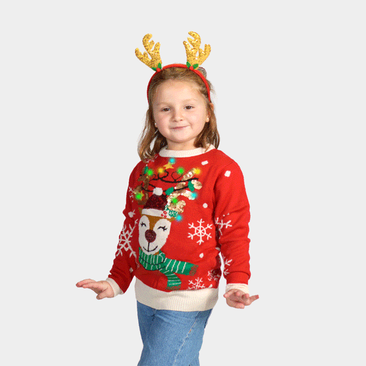 Sweter Świąteczny dla Dzieci z Lampkami LED Błyszczący Renifer z Cekinami