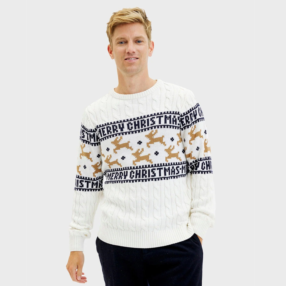 Sweter Świąteczny Męskie Biały Bawełny Organicznej Elegancki Reniferami
