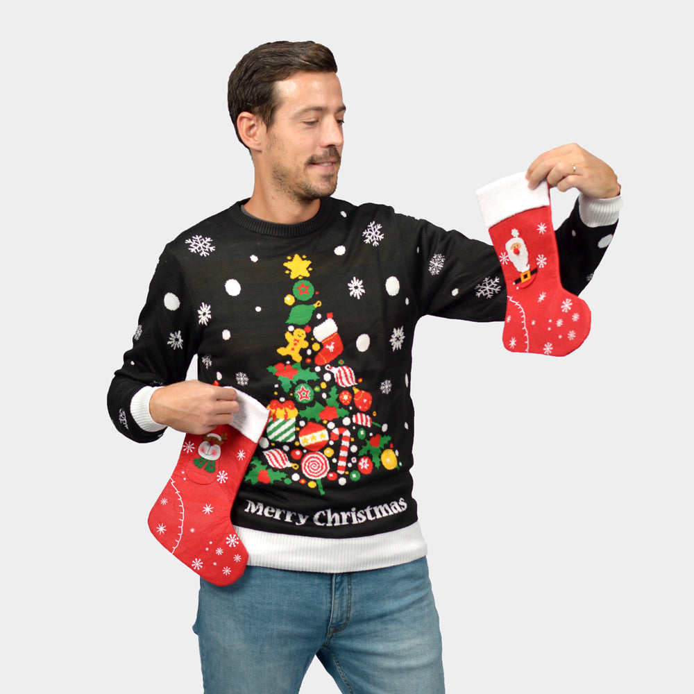 Sweter Świąteczny Męskie z Choinka Czarny