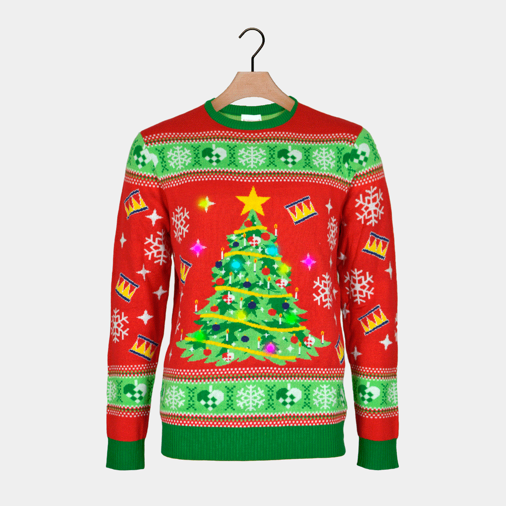 LED Sweter Świąteczny Męskie z Lampkami Czerwony z Choinką