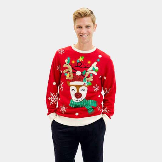 Sweter Świąteczny Męskie z Lampkami LED Błyszczący Renifer z Cekinami