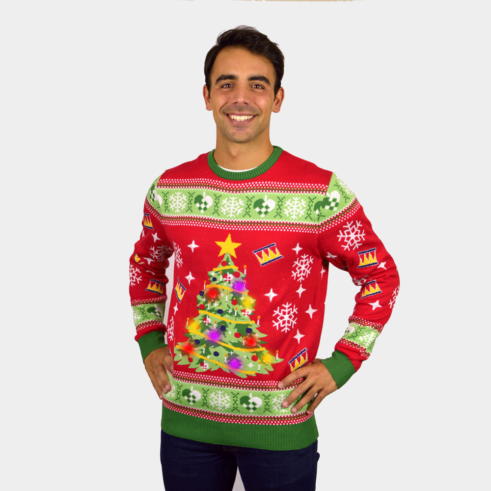 Sweter Świąteczny Męskie z Lampkami LED Czerwony z Choinką