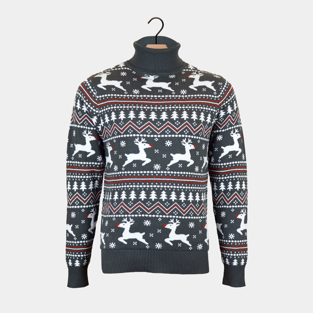 Sweter Świąteczny Męskie reniferem Bawełny Organicznej Szary golfem
