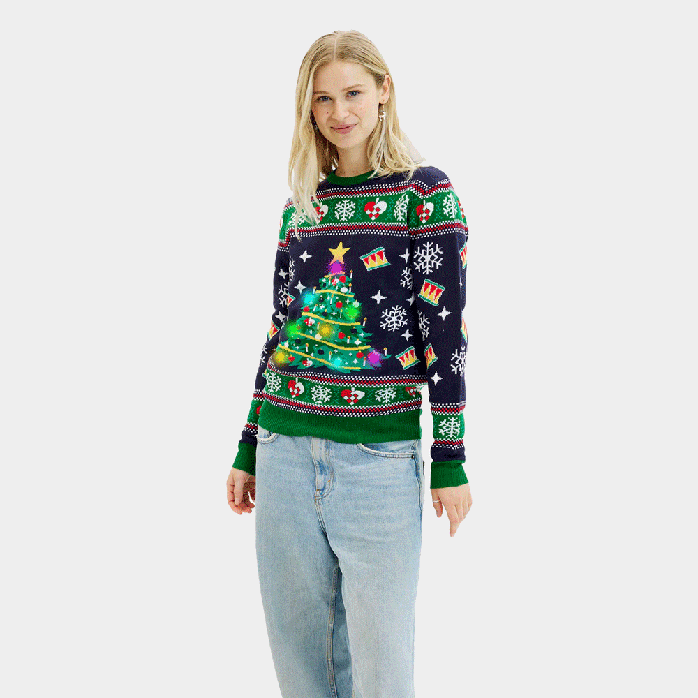 Sweter Świąteczny Niebieski Damskie z Lampkami LED z Choinką