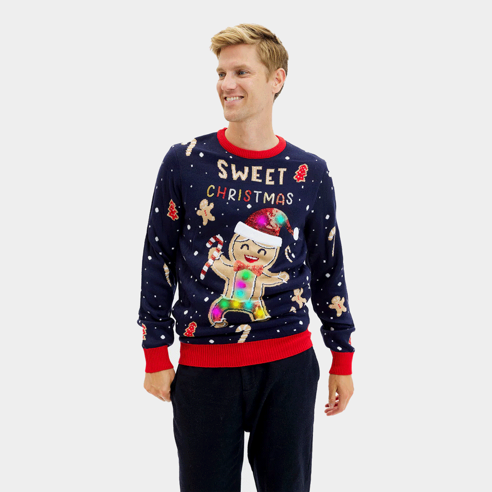 Sweter Świąteczny Męskie Lampkami LED Niebieski Ginger Cookie