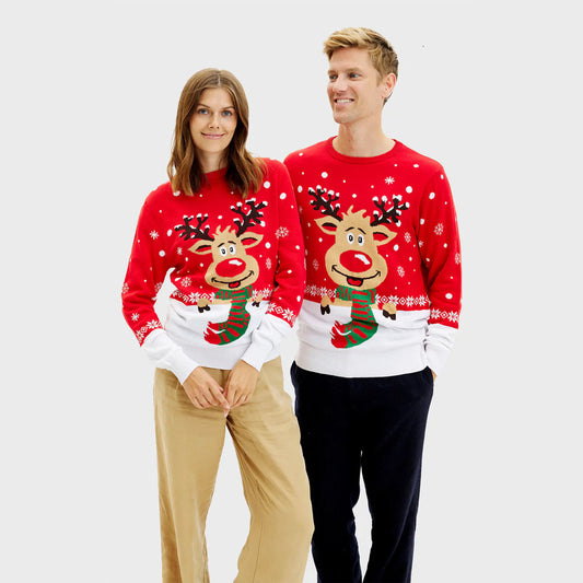 meskie Sweter Świąteczny dla Par z Reniferem z Szalikiem