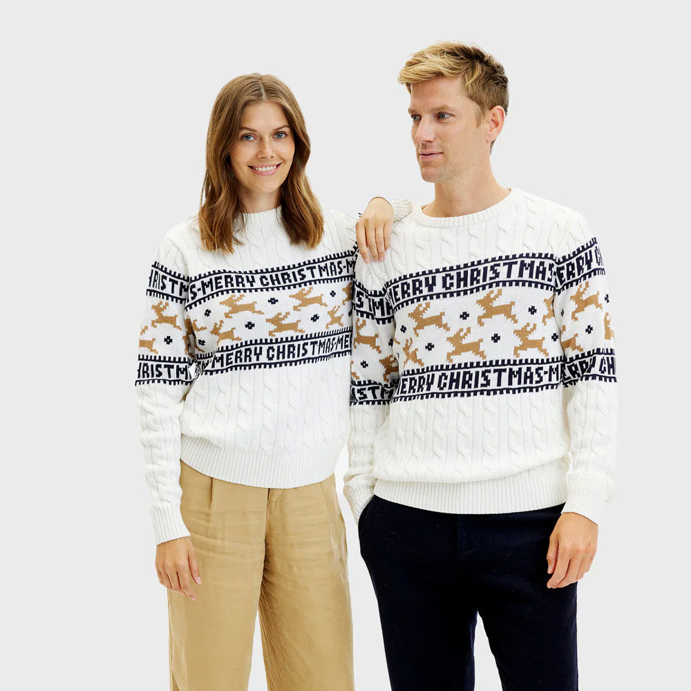 Sweter Świąteczny Rodzinny Bawełny Organicznej Elegancki Biały Reniferami