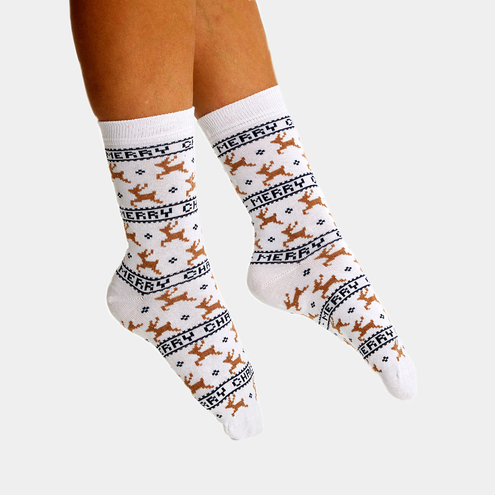 Biały Skarpetki Świąteczne Unisex Elegancki z Reniferami damskie i Meskie