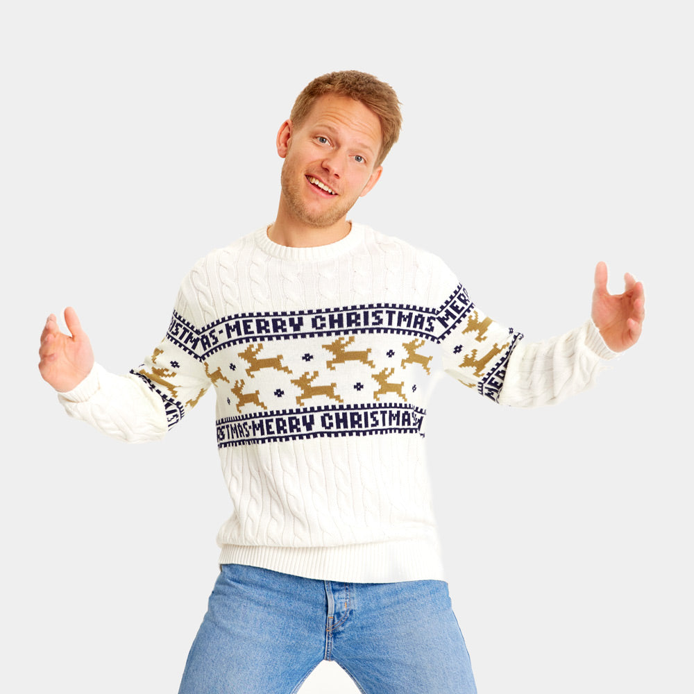 Biały Sweter Świąteczny Elegancki z Reniferami Meskie