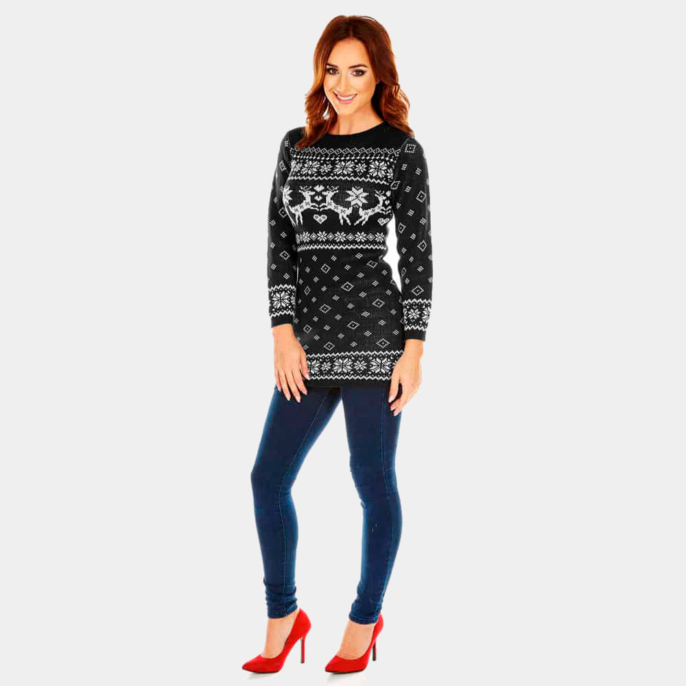 Czarna Damska sukienka świąteczna z Reniferami