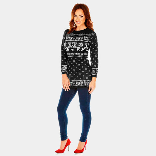 Czarna Damska sukienka świąteczna z Reniferami