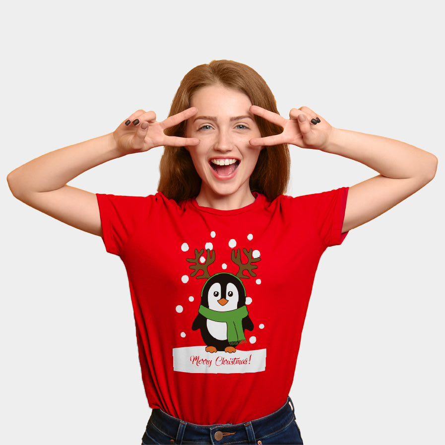 Czerwona Koszulka Świąteczna Unisex z Pingwinem damskie