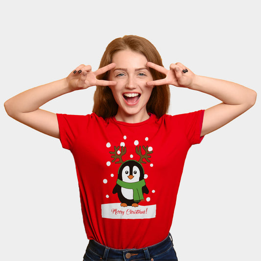 Czerwona Koszulka Świąteczna Unisex z Pingwinem damskie