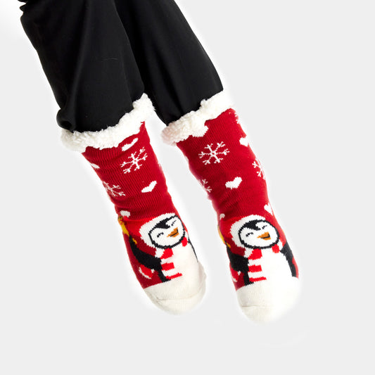 Czerwone Skarpetki Świąteczne z gumową podeszwą z Pingwinem Meskie i Damskie
