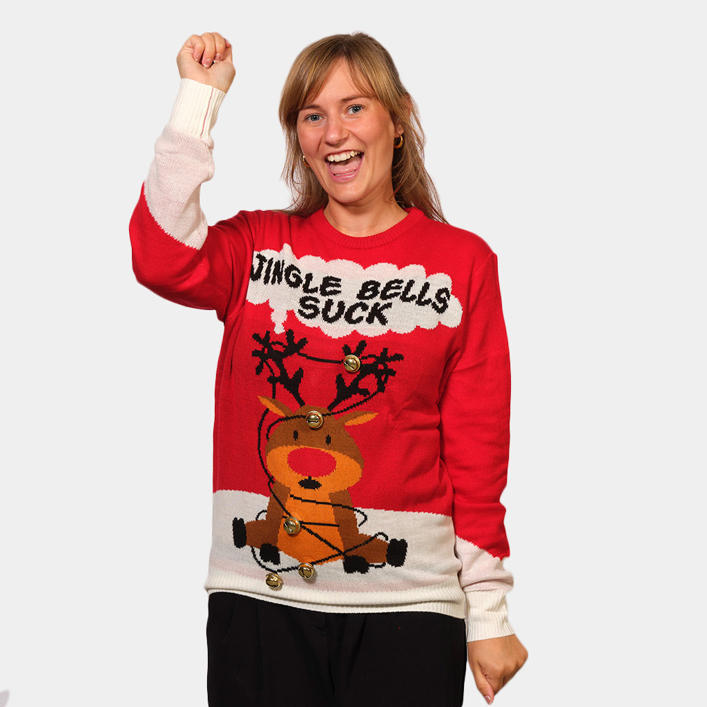Czerwony Sweter Świąteczny Jingle Bells Sucks 3D damskie