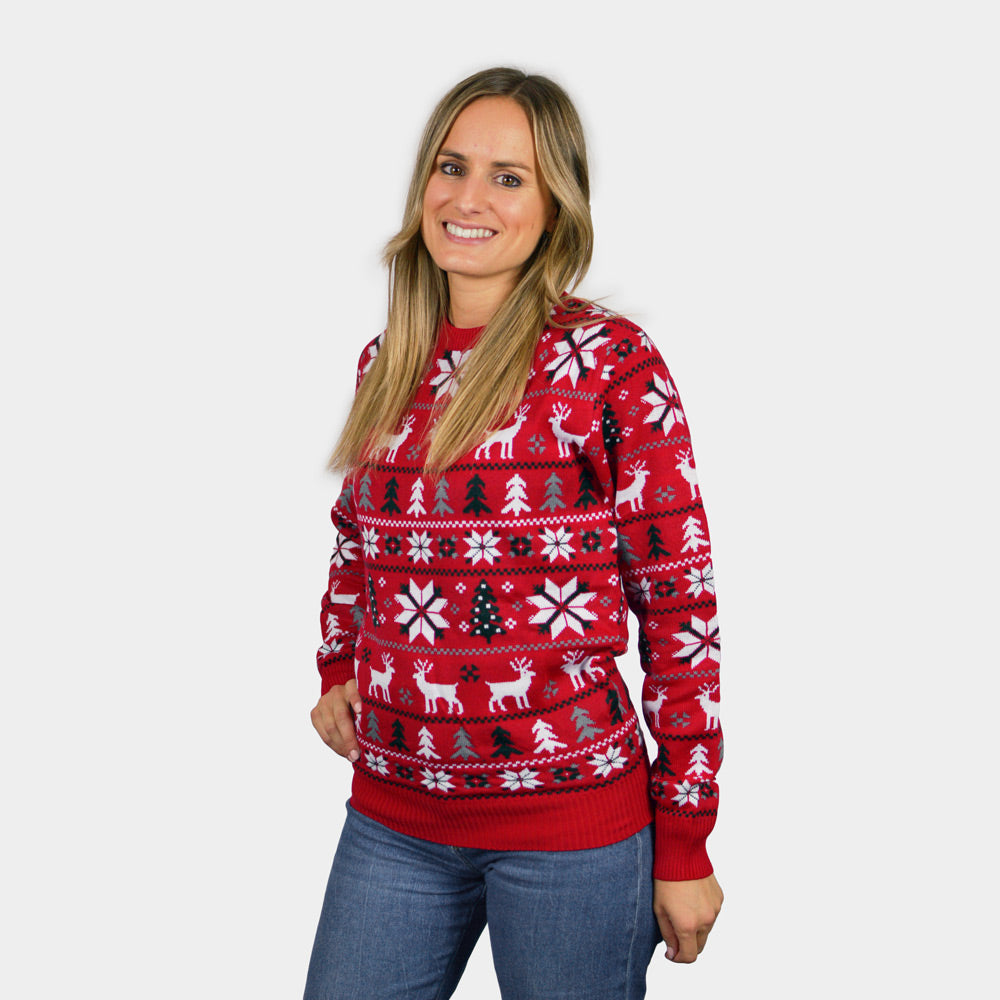 Czerwony Sweter Świąteczny z Reniferami, Choinkami i Gwiazda Polarna Damskie