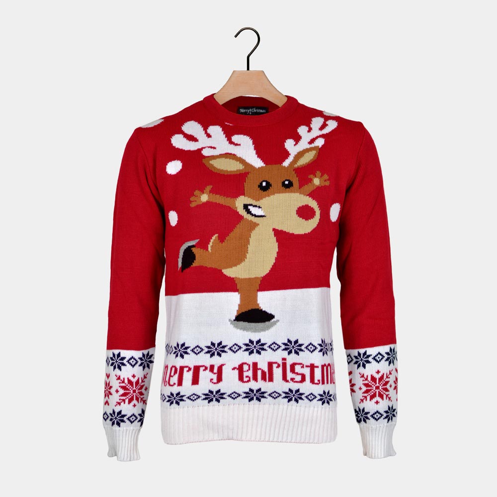 Czerwony Sweter Świąteczny z Reniferem łyżwiarstwo