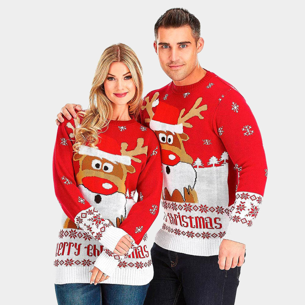 Czerwony Sweter Świąteczny z Reniferem pary