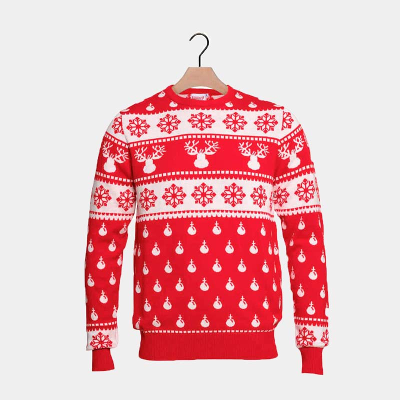 Czerwony Sweter Świąteczny ze Śnieg i Reniferami