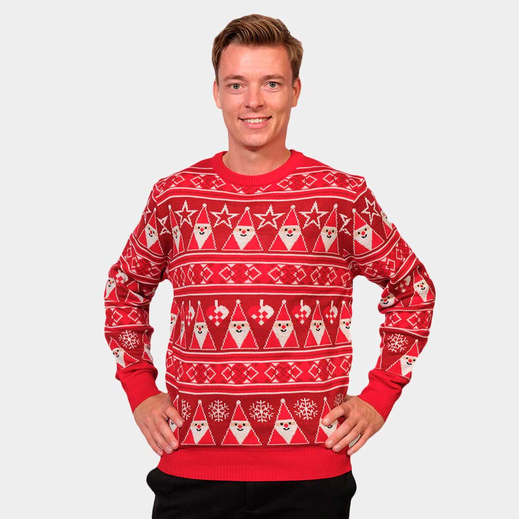 Czerwony Sweter Świąteczny z Świętym Mikołajem Paski meskie