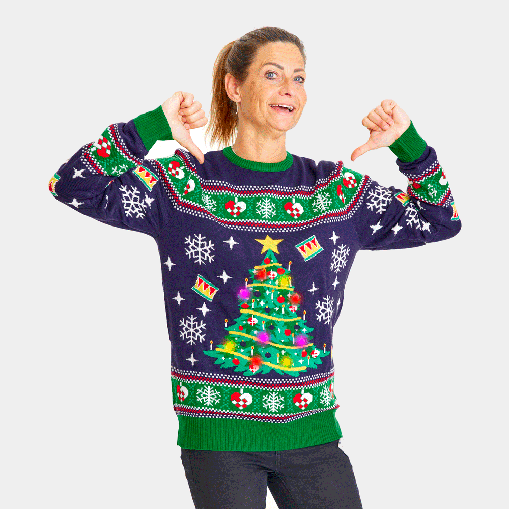 Niebieski Rodzinny Sweter Świąteczny z Lampkami LED z Choinką Damskie