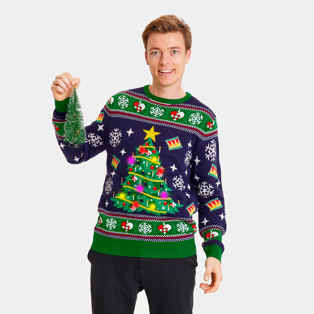Niebieski Rodzinny Sweter Świąteczny z Lampkami LED z Choinką Meskie