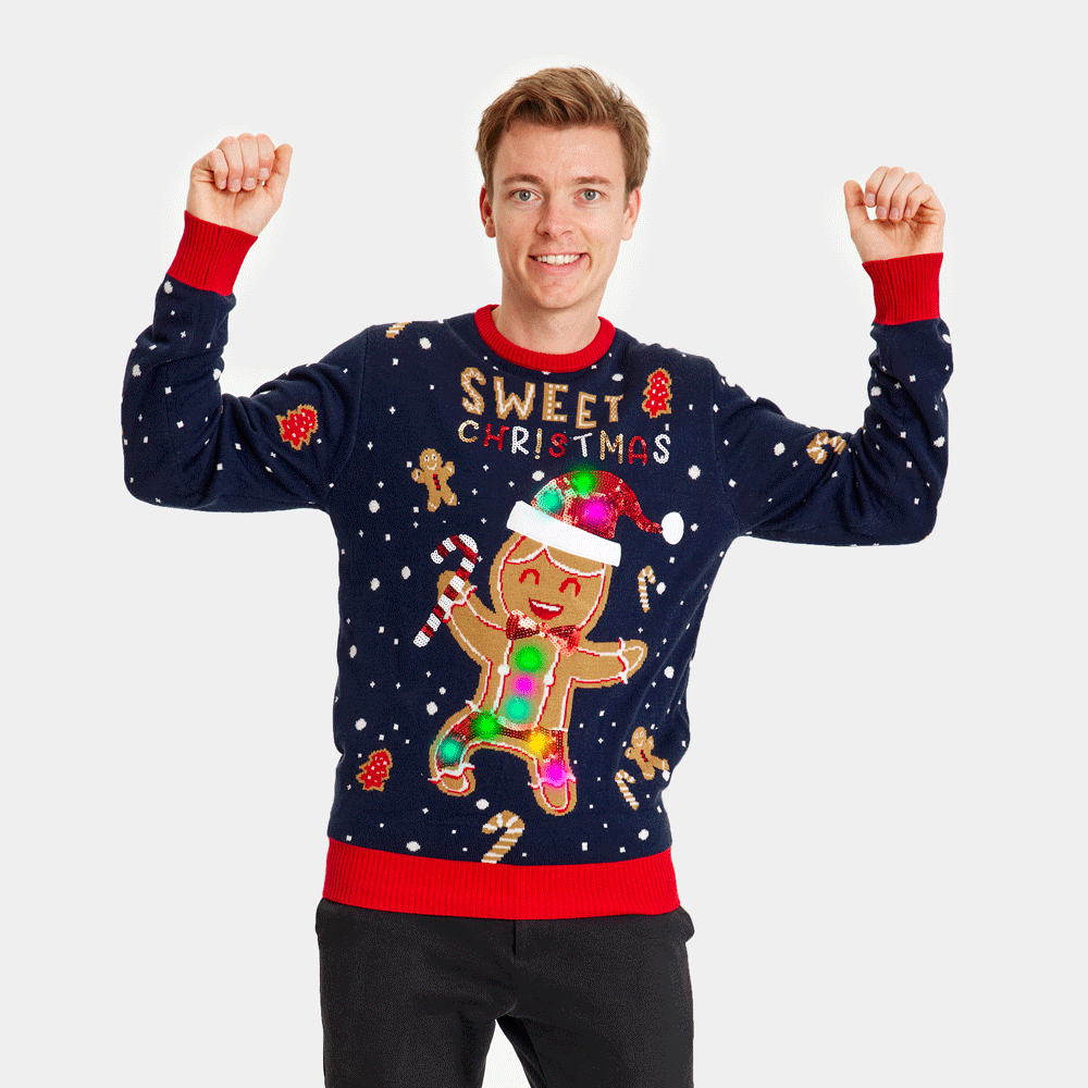 Niebieski Rodzinny Sweter Świąteczny z Lampkami LED Ginger Cookie Meskie